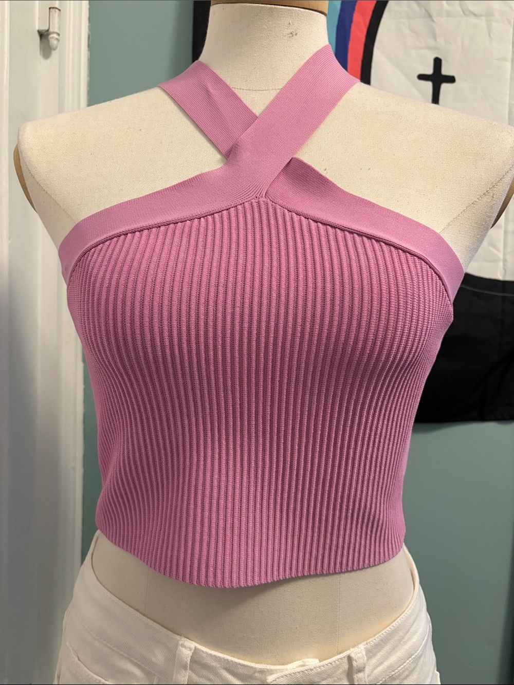 Ribbed Crisscross Halter Crop Top in Pink
